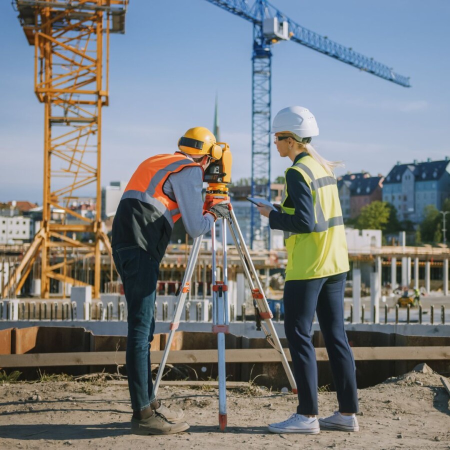 Construction site with two workers using surveying equipment in front of cranes and structural frameworks, illustrating risks covered by contractors all risk insurance.