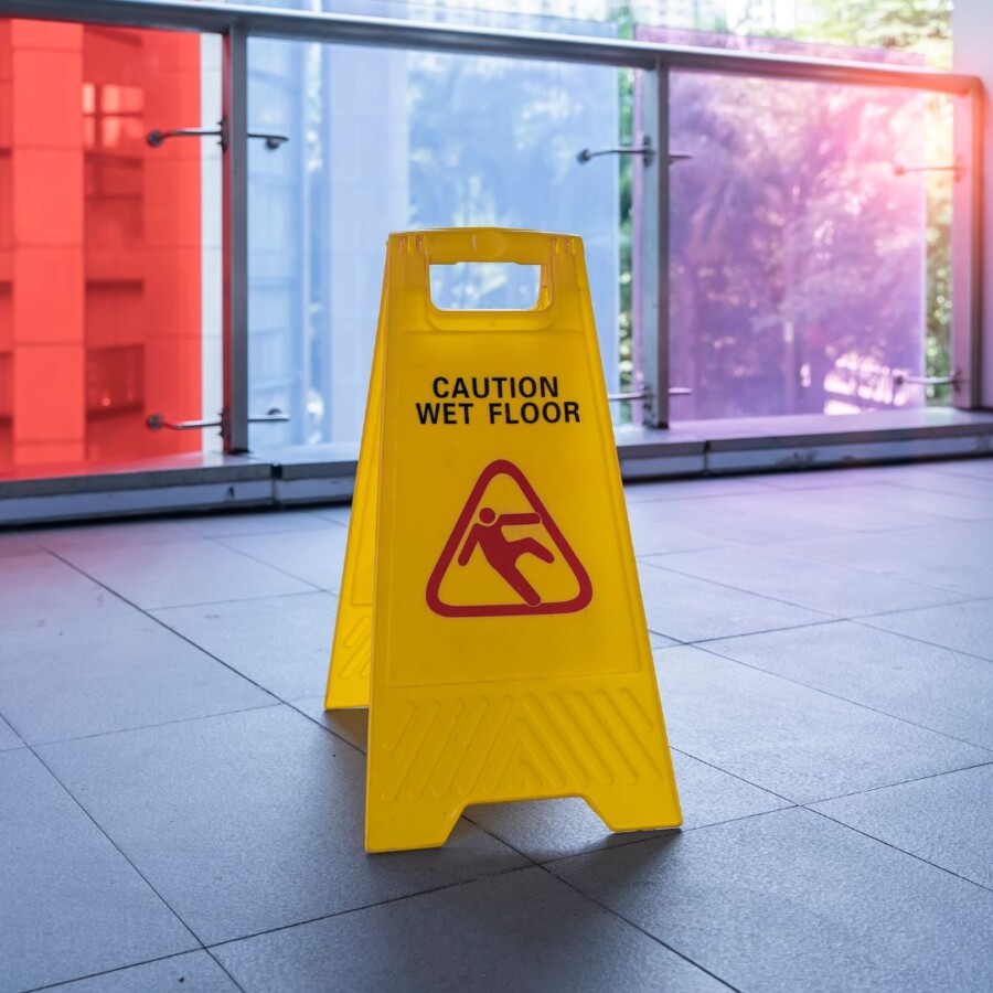 Yellow caution wet floor sign placed on a tiled surface inside a modern building, illustrating common slip and trip hazards covered under general liability insurance.