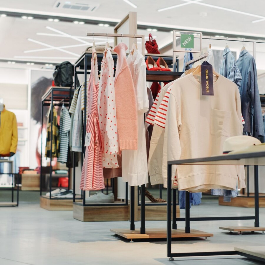 Interior of a modern retail clothing store with neatly arranged rails of garments, illustrating retail environments covered by commercial property insurance.